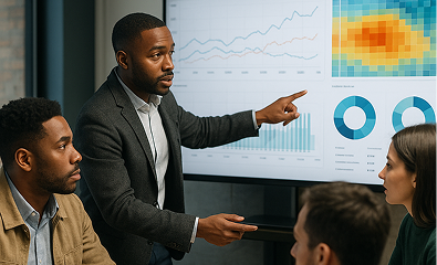 Team reviewing analytics dashboards to discover insights