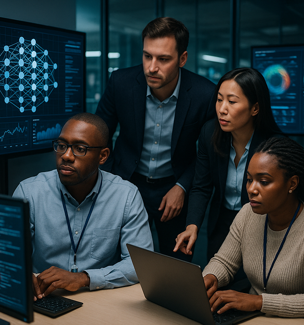 Team collaborating on AI and analytics dashboards