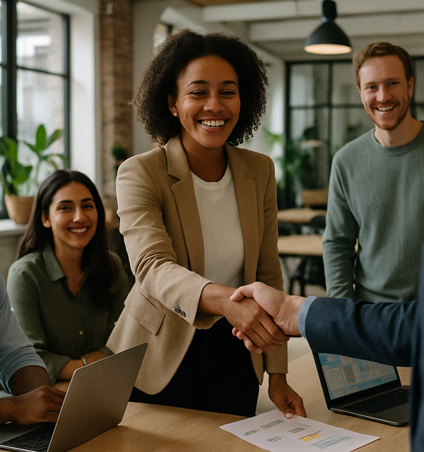 Team greeting a client in a meeting