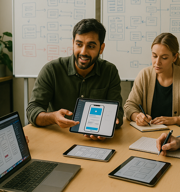 UI/UX Design team collaborating on wireframes